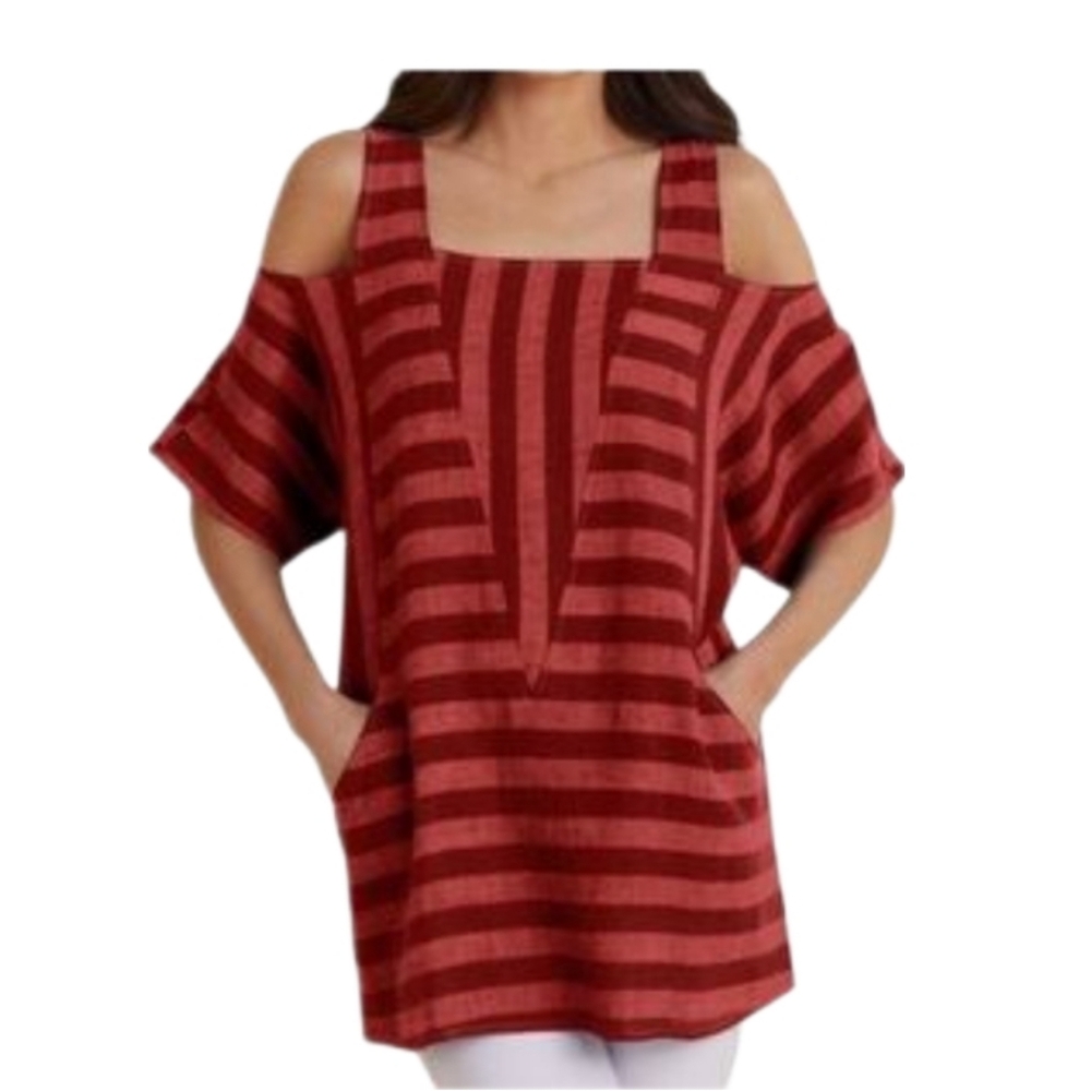 Soft Surroundings Women's Red Stripe Cold Shoulder Linen Tunic Top Large